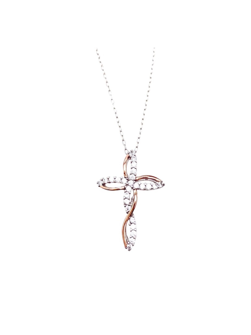 Primrose Sterling Silver & Rose Gold CZ Twisted Cross Necklace 18" Chain 2g